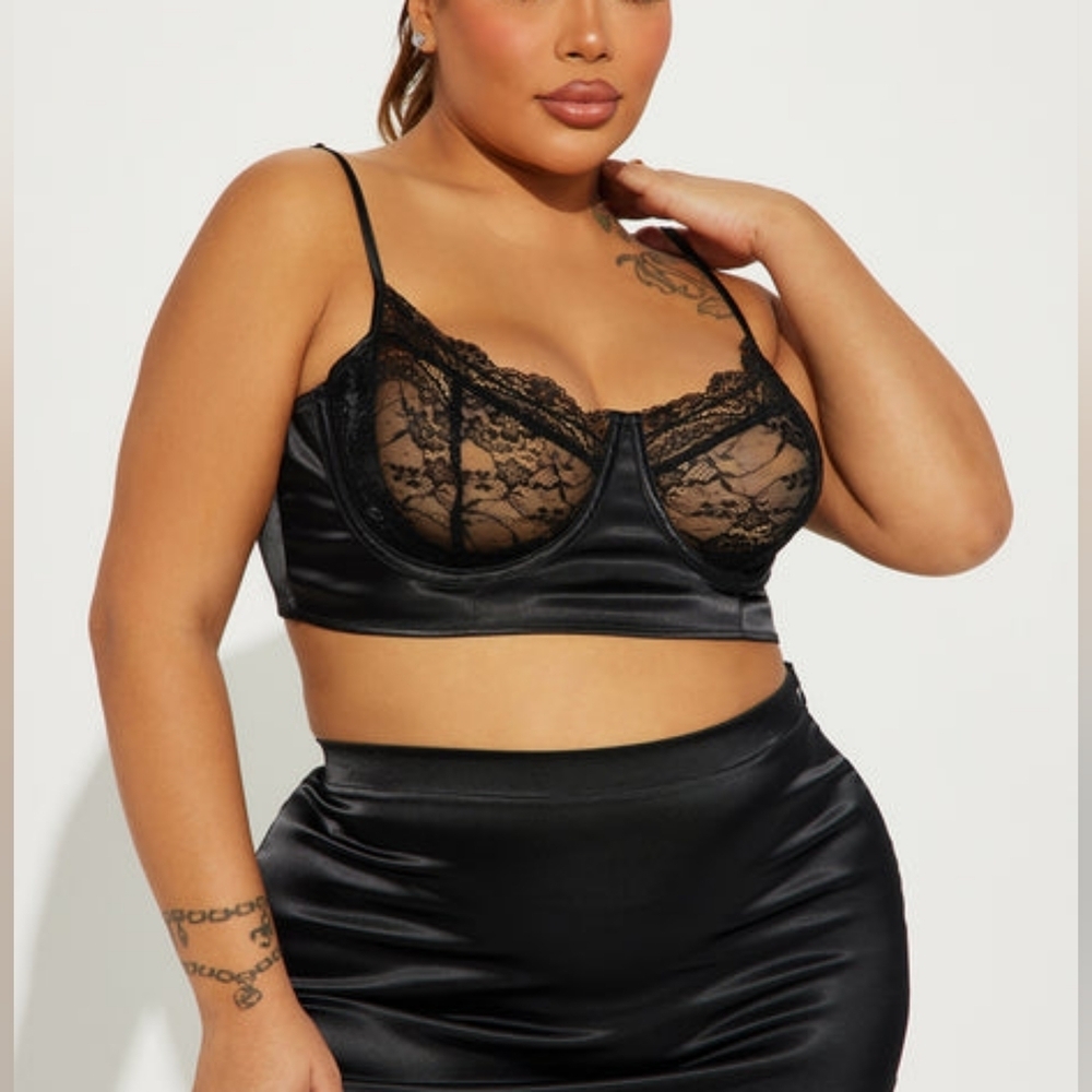 Fashion Nova Black satin lace Anything But Innocent underwire bra top lingerie